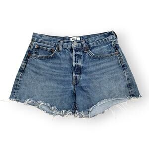 AGOLDE Parker Long High Rise Cut-Off Denim Shorts Womens 27 Blue Button-Fly
